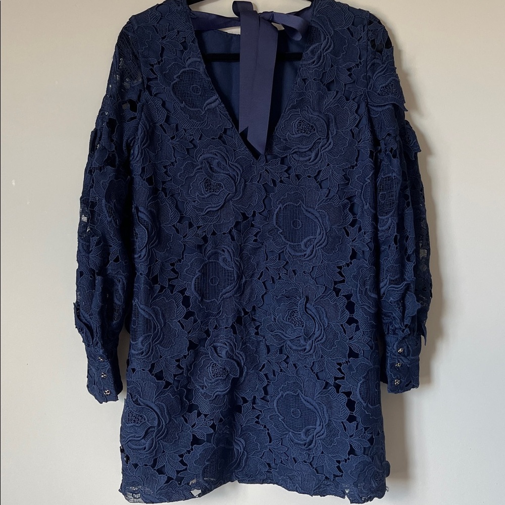 ZARA Guipure Floral Lace Lantern Sleeve Open Back Dress Blue Size Small - Picture 7 of 11